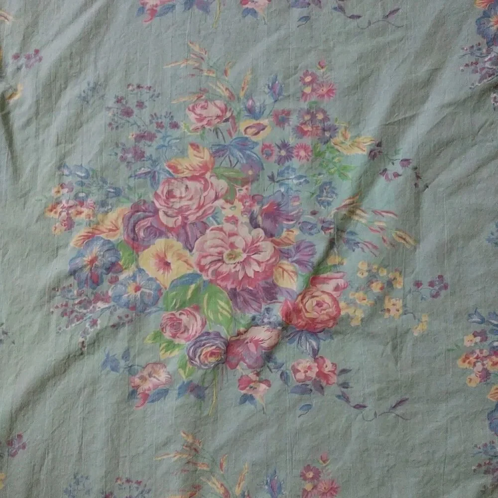 VTG Ralph Lauren Pompano Floral Flat Sheet Full Size Blue 100% Cotton